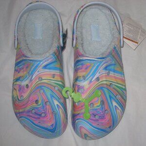 New Crocs Shoes Mens 13 Baya Lined Fuzz Strap Clogs Mineral Blue Multi Slip On